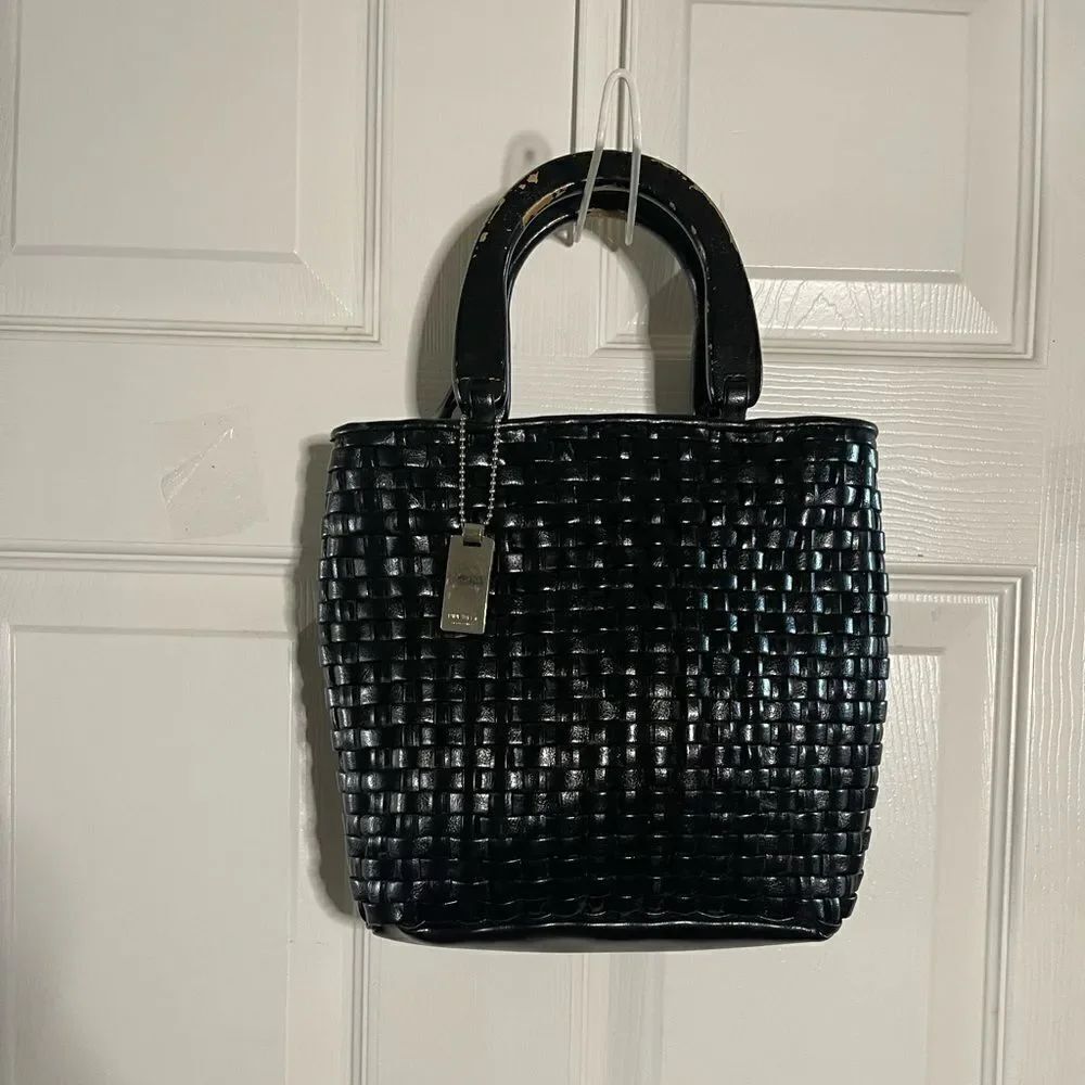Nine West Black Woven small satchel wooden handles .